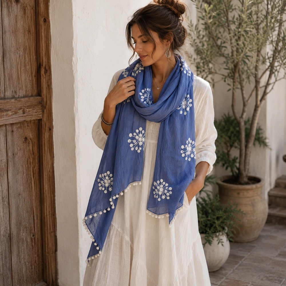 Blue Embroidered Shawl Scarf Dandelion Floral Pom Pom Boho Cottagecore Wrap